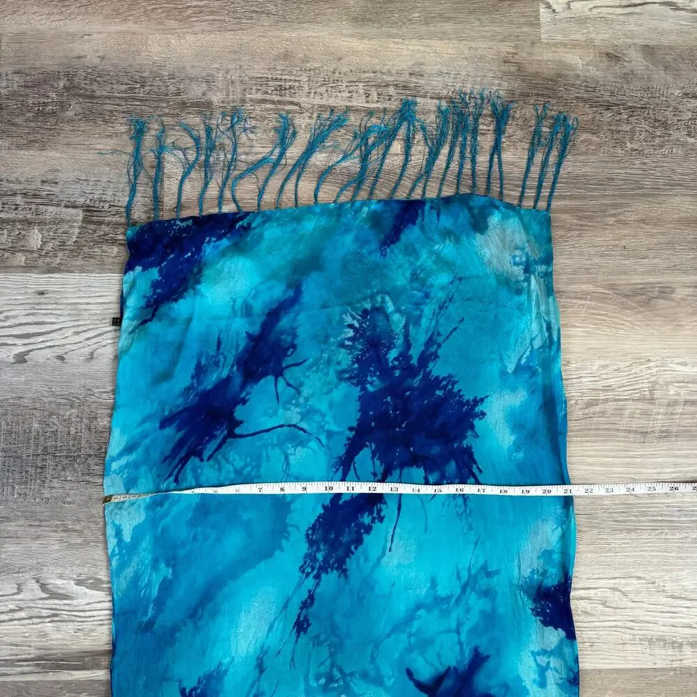 Vintage 100% Silk Blue Aqua Tie Dye Fringe Scarf Boho Resort Wrap